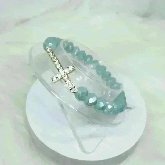 Navy Blue Beaded Bracelet with Rhinestones Cross - Picture 4 of 6